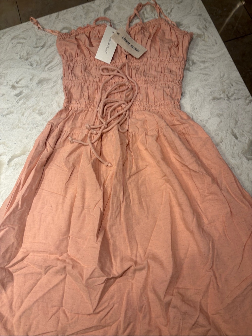 Light Pink Smocked Sundress with Lace-Up Front